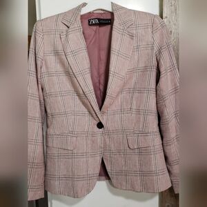 Zara Blazer Size 4 Or Small Pink Grey Plaid Satin Pink Lining Long Sleeve,preppy